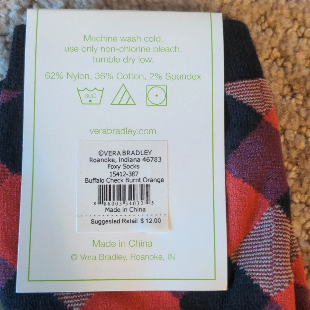 Vera Bradley Buffalo Check Burnt Orange Crew socks NWT